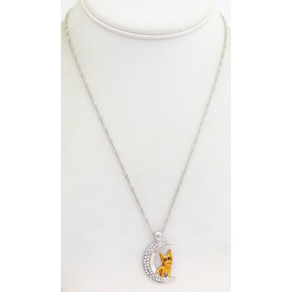 20 inch, Vintage Crescent Moon Cat Rhinestones Silver Tone Necklace - P1 - Picture 2 of 3